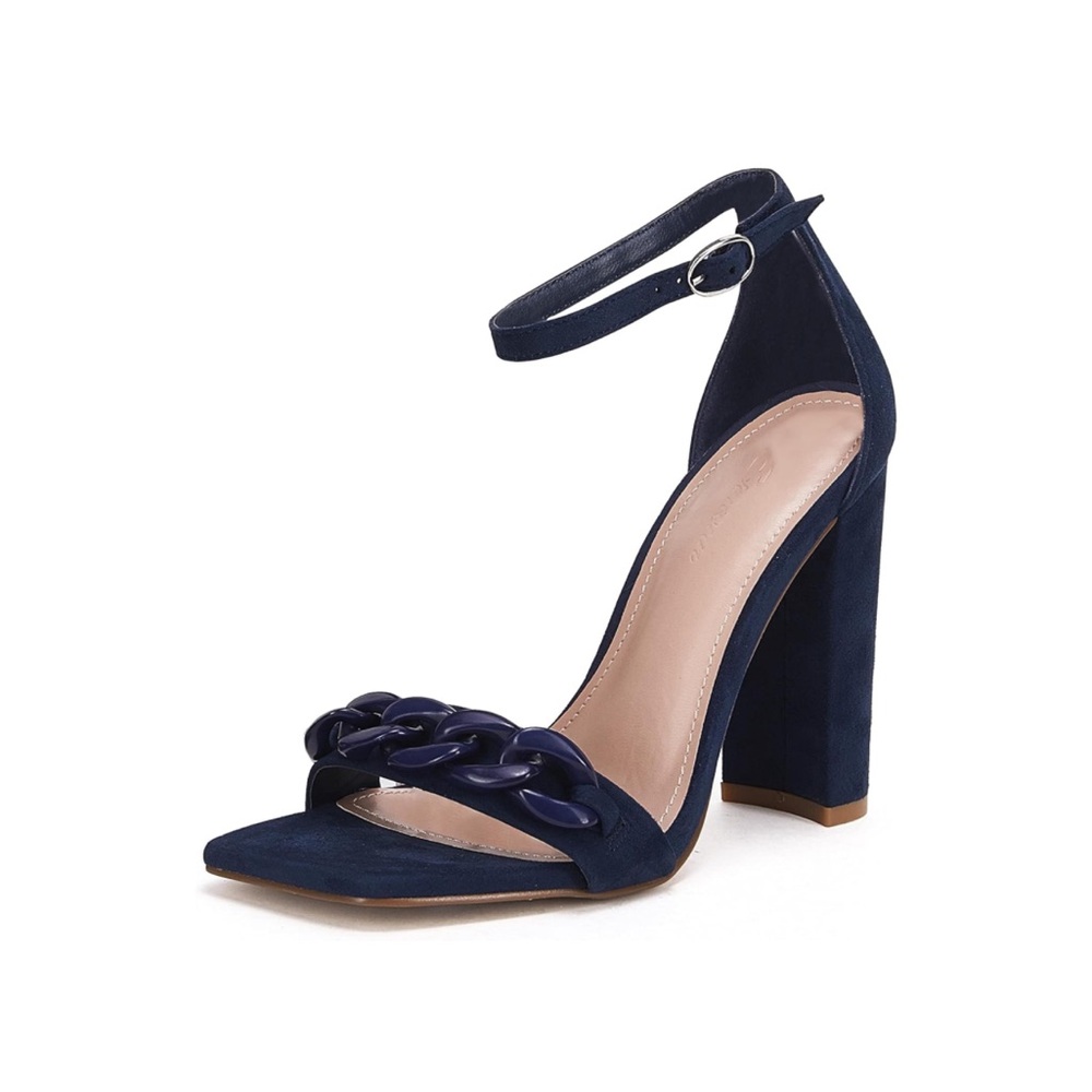 NEW Chic Navy Blue Chinky Block Heel Sandals Ankle Strap Pump Square Open Toe